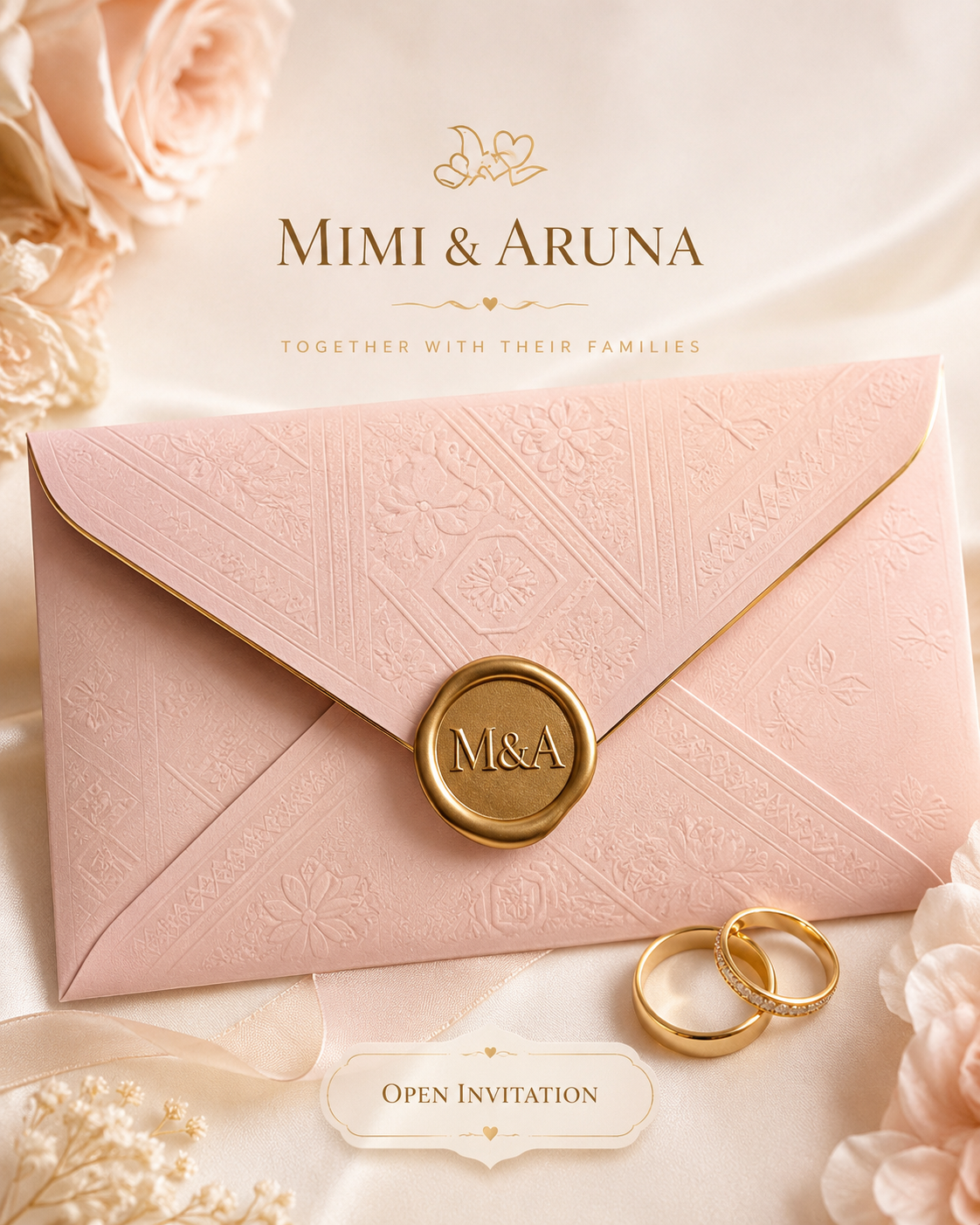 Blush wedding invitation envelope with rings and flowers.